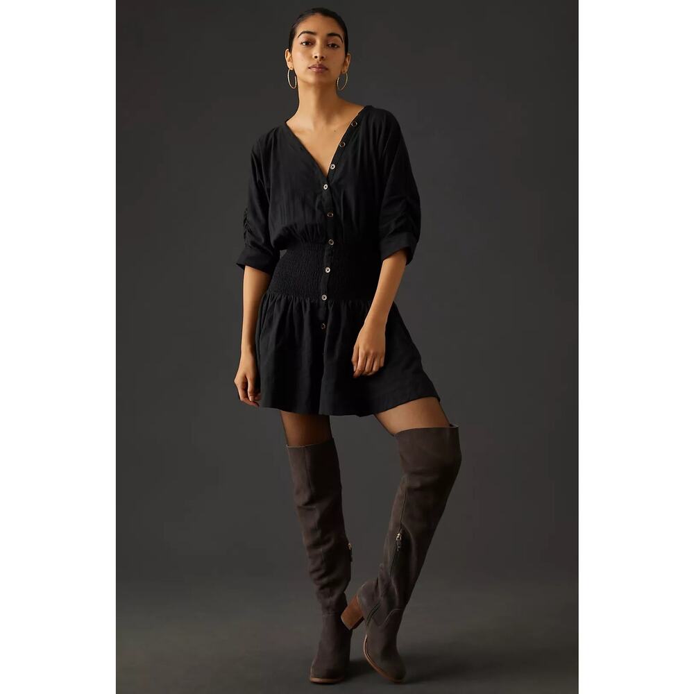 MAEVE BY ANTHROPOLOGIE NWT Mini Dress Puff-Sleeve Smocked Black Size Medium $148